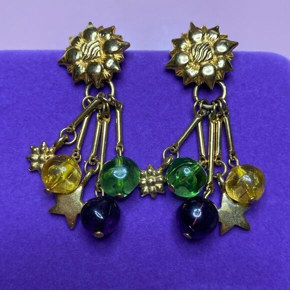 💛 Vintage Liz Claiborne Flower & Star Drop Earrings - Picture 1 of 4